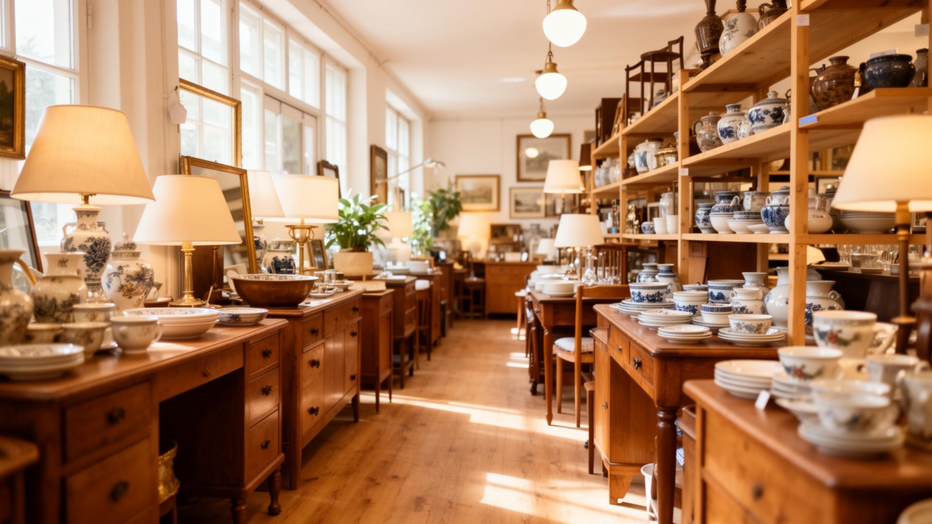 Helles Brockenhaus-Interieur mit gepflegten Möbeln